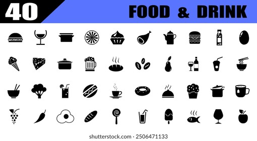 Food and drink icons set. black flat nutrition icons.