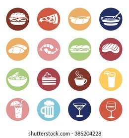 Food And Drink Icons Set In Color Circles. Menu Items Illustrations.