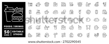 Food and drink icons set. editable line icons, outline, cuisine, beverage symbols