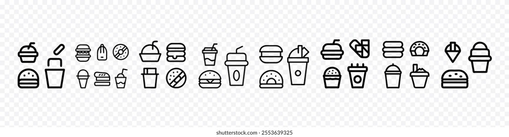 Food and Drink Icons set. Fast Food Editable Icons set. Restaurant menu line icons set. junk food icons set