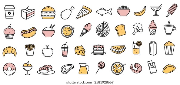 Food and drink icons set in flat vector style. Vector illustration