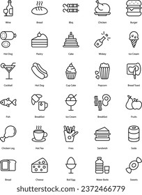 Food and Drink icons set, food icons, drink icons, foody, drink, beverage, glass, dish, cake, chicken, wine, fries, fish, ice cream, bakery, bbq, etc