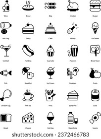 Food and Drink icons set, food icons, drink icons, foody, drink, beverage, glass, dish, cake, chicken, wine, fries, fish, ice cream, bakery, bbq, etc