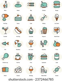 Food and Drink icons set, food icons, drink icons, foody, drink, beverage, glass, dish, cake, chicken, wine, fries, fish, ice cream, bakery, bbq, etc