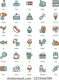 Food and Drink icons set, food icons, drink icons, foody, drink, beverage, glass, dish, cake, chicken, wine, fries, fish, ice cream, bakery, bbq, etc