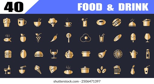 Food and drink icons set. gold flat nutrition icon logo sign.