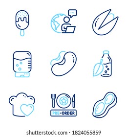 Food and drink icons set. Included icon as Beans, Water cooler, Peanut signs. Ice cream, Pre-order food, Water bottle symbols. Love cooking, Pistachio nut line icons. Line icons set. Vector