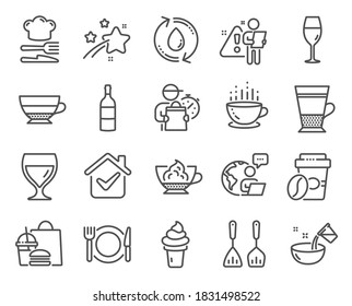 Food and drink icons set. Included icon as Takeaway coffee, Double latte, Cooking water signs. Espresso cream, Americano, Restaurant food symbols. Refill water, Ice cream, Wineglass. Food. Vector