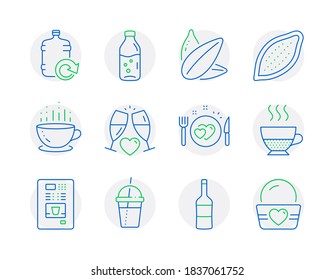 Food and drink icons set. Included icon as Doppio, Romantic dinner, Cocoa nut signs. Water bottle, Sunflower seed, Coffee vending symbols. Coffee cocktail, Refill water, Wedding glasses. Vector