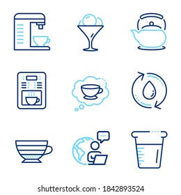 Food and drink icons set. Included icon as Cooking beaker, Cappuccino, Refill water signs. Ice cream, Coffee maker, Coffee cup symbols. Teapot line icons. Water, Recycle aqua. Line icons set. Vector