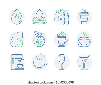 Food and drink icons set. Included icon as Wineglass, Medical food, Cappuccino signs. Water splash, Water bottles, Coffee cup symbols. Peanut, Takeaway, Latte coffee. Cocktail line icons. Vector