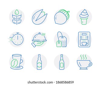 Food and drink icons set. Included icon as Tea bag, Coffee cup, Coffee maker signs. Cooking timer, Acorn, Ice cream symbols. Pistachio nut, Restaurant food, Beer bottle. Gluten free, Beer. Vector