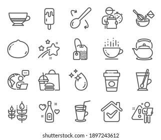 Food and drink icons set. Included icon as Macadamia nut, Cooking whisk, Cooking spoon signs. Teapot, Water drop, Gluten free symbols. Bombon coffee, Tea bag, Cocktail. Coffee cup, Tea mug. Vector