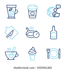 Food and drink icons set. Included icon as Mint leaves, Cutting board, Takeaway coffee signs. Frying pan, Ice cream, Tea cup symbols. Whiskey bottle, Restaurant food line icons. Line icons set. Vector