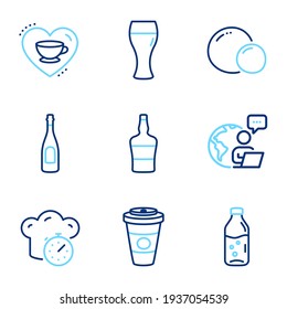 Food and drink icons set. Included icon as Cooking timer, Takeaway coffee, Love coffee signs. Vector