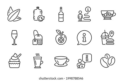 Food and drink icons set. Included icon as Ice cream, Coffee beans, Fast food signs. Latte, Wine, Wineglass symbols. Tea bag, Cold coffee, Sunflower seed. Medical food, Refill water. Vector