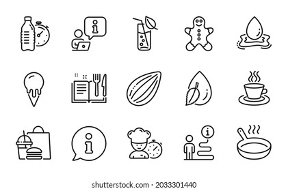 Iconos de comida y bebida. Icono incluido como Fitness water, Chef, signos de caída de agua. Libro de recetas, hombre de pan de jengibre, símbolos de la taza de té. Helado, nuez de almendras, sartén. Iconos de línea de comida rápida. Vector