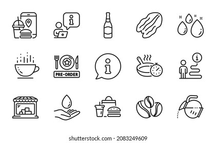 Food and drink icons set. Included icon as Coffee cup, Water drop, Market signs. Coffee pot, Pecan nut, Fast food symbols. Frying pan, Beer bottle, Food app. Water care, Coffee-berry beans. Vector