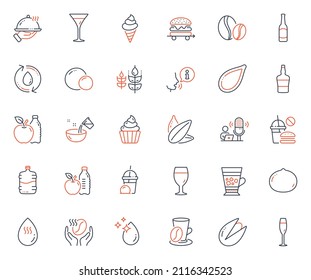 Food and drink icons set. Included icon as Hot water, Refill water and Pumpkin seed web elements. Ice cream, Restaurant food, Fast food icons. Beer glass, Coffee, Peas web signs. Cupcake. Vector