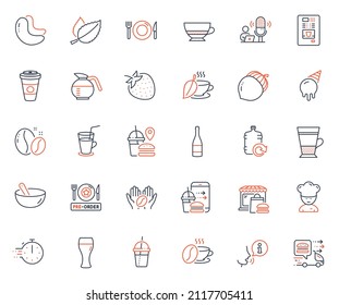 Food and drink icons set. Included icon as Food market, Food and Champagne bottle web elements. Cooking timer, Ice cream, Takeaway coffee icons. Double latte, Cooking mix, Coffee web signs. Vector