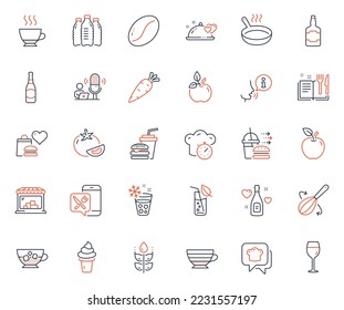 Iconos de comida y bebida. Icono incluido como botellas Whiskey, elementos web Hamburger y Tomate. Botella de cerveza, Cappuccino, íconos de entrega de alimentos. Champán de amor, cena romántica, carteles web de aplicaciones de comida. Vector