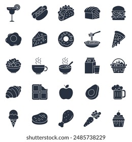 food and drink icons set, Included icons as Apple, croissant, hamburger, avocado and more symbols collection, logo isolated vector illustration