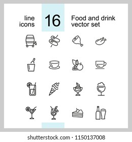 Food and drink icons. Set of  line icons. Fruit, meat, juice. Meal concept. Vector illustration can be used for topics like restaurant, unhealthy eating