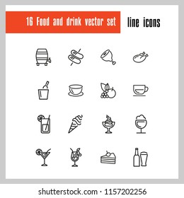 Food and drink icons. Set of  line icons. Fruit, meat, juice. Meal concept. Vector illustration can be used for topics like restaurant, unhealthy eating