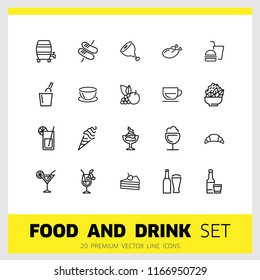 Food and drink icons. Set of  line icons. Fruit, meat, juice. Meal concept. Vector illustration can be used for topics like restaurant, unhealthy eating