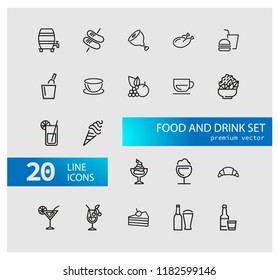 Food and drink icons. Set of  line icons. Fruit, meat, juice. Meal concept. Vector illustration can be used for topics like restaurant, unhealthy eating