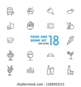 Food and drink icons. Set of  line icons. Fruit, meat, juice. Meal concept. Vector illustration can be used for topics like restaurant, unhealthy eating