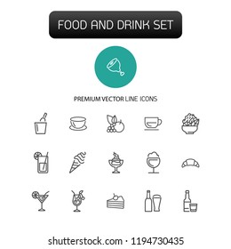Food and drink icons. Set of  line icons. Fruit, meat, juice. Meal concept. Vector illustration can be used for topics like restaurant, unhealthy eating