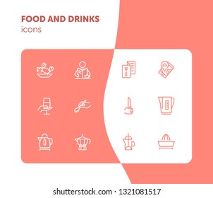 Food and drink icons. Set of line icons on white background. Menu, teapot, wine, restaurant location. Restaurant concept. Vector illustration can be used for topics like catering, service, kitchenware