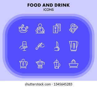 Food and drink icons. Set of line icons on white background. Menu, teapot, wine, restaurant location. Restaurant concept. Vector illustration can be used for topics like catering, service, kitchenware