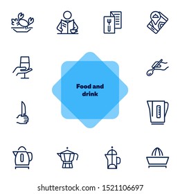 Food and drink icons. Set of line icons on white background. Menu, teapot, wine, restaurant location. Restaurant concept. Vector illustration can be used for topics like catering, service, kitchenware