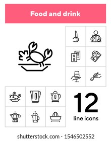 Food and drink icons. Set of line icons on white background. Menu, teapot, wine, restaurant location. Restaurant concept. Vector illustration can be used for topics like catering, service, kitchenware