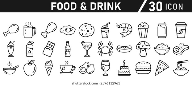 Food and Drink icons set. Liner set of food vector icons for web design isolated on white background. Vector collection
