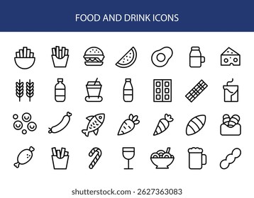 Food And Drink Icons Set – Meal, Dishes, and Fruits Collection.