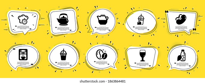 Food and drink icons set. Speech bubble offer banners. Yellow coupon badge. Included icon as Coffee maker, Beans, Water bottle signs. Teapot, Milk jug, Beer glass symbols. Vector