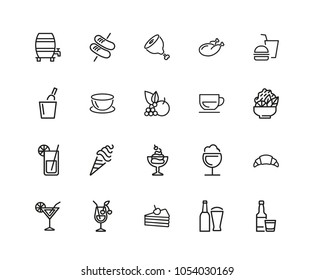 Food and drink icons. Set of twenty line icons. Fruit, meat, juice. Meal concept. Vector illustration can be used for topics like restaurant, unhealthy eating