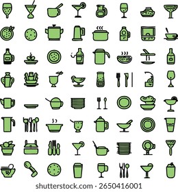 Food drink icons set vector illustration of kitchenware and tableware outline design for restaurant menu on transparent background