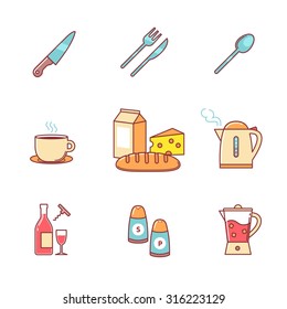 Food and drink icons thin line set. Flat style color vector symbols isolated on white.
