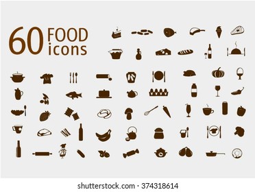 Food and drink icons vector set. Vector Food icons set. Silhouette food sign. Food Isolated on background. Different food icons.