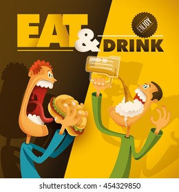 Food and drink illustration with comic guys. Vector illustration