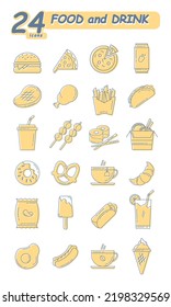 food and drink illustration, thin line, fast food, restaurant menu, simple icons, burger, pizza, donut, french fries, canned drink, soda, tacos