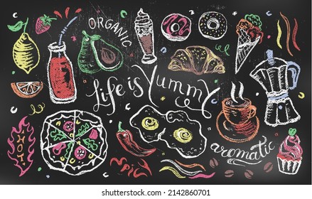 Food And Drink Illustrations With Hand Drawn Lettering Quotes On Chalkboard. Menu Banner On Blackboard. Pastel Drawing 