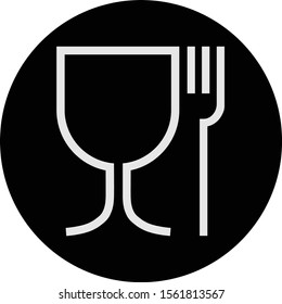 food and drink inside black circle, sign with glass and fork icon.