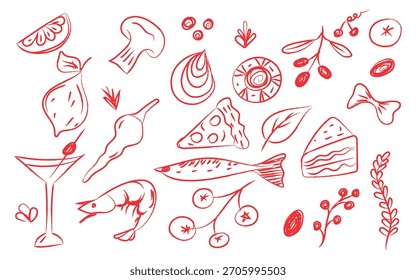 Alimentos e bebidas itens são apresentados na arte da linha vermelha em um fundo branco usando um estilo simples de doodle ilustrando vários elementos culinários, incluindo frutos do mar e legumes para menus ou design
