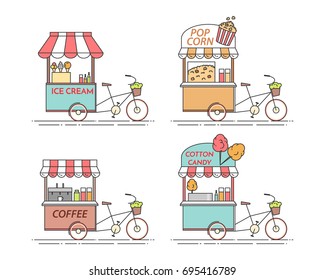 Food and drink kiosk bicycles set - various carts on wheels with sweet desserts and hot coffee. Flat line vector illustration of takeaway food service.