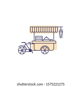 Food and drink kiosk bicycles, sweet desserts and hot coffee. Flat line vector illustration of takeaway food service.